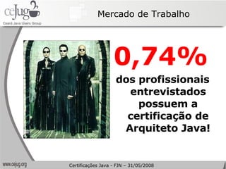 Mercado de Trabalho 0,74%   dos profissionais entrevistados possuem a certificação de Arquiteto Java! Certificações Java - FJN – 31/05/2008 