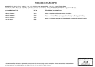 Nome: MARCOS PAULO LOPES SOARES, CPF: 514.273.202-25, Data de Nascimento: 27/07/1978, País de Origem: Brasil
Curso: Turma 1/2017 - Resolução de Conflitos Aplicada ao Contexto das Ouvidorias - Período: 13/06/2017 a 03/07/2017 - Carga-horária: 20 horas.
ATIVIDADE AVALIATIVA NOTA
Exercício Avaliativo 1 28,00
Exercício Avaliativo 2 30,00
Exercício Avaliativo 3 38,22
Total do curso : 96,22
Histórico do Participante
CONTEÚDO PROGRAMÁTICO:
Módulo I: Introdução à Resolução de Conflitos na Ouvidoria;
Módulo II: A Ouvidoria Pública como espaço de excelência para a Resolução de Conflitos;
Módulo III: Técnicas de Resolução de Conflitos aplicadas ao contexto das Ouvidorias Públicas
A data de emissão pode ser anterior à data final do curso nos casos em que o participante alcançou os requisitos mínimos para aprovação antecipadamente.
Certificado registrado na Escola Virtual Enap sob código cxdn9g87ia, em 29/06/2017 às 23:12 horas.
Powered by TCPDF (www.tcpdf.org)
 