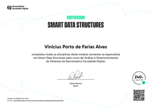 SMARTDATASTRUCTURES
CERTIFICADO
Vinicius Porto de Farias Alves
completou todas as disciplinas deste módulo tornando-se especialista
em Smart Data Structures pelo curso de Análise e Desenvolvimento
de Sistemas da Descomplica Faculdade Digital.
240h
Emitido em 25/09/2023 às 16:46
Nº Cert. e19b6269f6c086c181ce3d0cdb2d7dea12e8b6dcd909e83d507256aaf83bdf9d
 