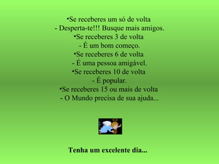 Se receberes um só de volta  - Desperta-te!!! Busque mais amigos. Se receberes 3 de volta  - É um bom começo. Se receberes 6 de volta  - É uma pessoa amigável. Se receberes 10 de volta  - É popular. Se receberes 15 ou mais de volta  - O Mundo precisa de sua ajuda... Tenha um excelente dia... 