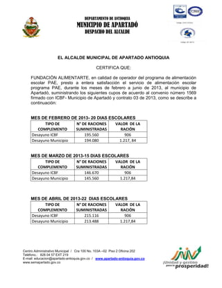 DEPARTAMENTO DE ANTIOQUIA

MUNICIPIO DE APARTADÓ
DESPACHO DEL ALCALDE

EL ALCALDE MUNICIPAL DE APARTADO ANTIOQUIA
CERTIFICA QUE:
FUNDACIÓN ALIMENTARTE, en calidad de operador del programa de alimentación
escolar PAE, presto a entera satisfacción el servicio de alimentación escolar
programa PAE, durante los meses de febrero a junio de 2013, al municipio de
Apartadó, suministrando los siguientes cupos de acuerdo al convenio número 1569
firmado con ICBF- Municipio de Apartadó y contrato 03 de 2013, como se describe a
continuación:

MES DE FEBRERO DE 2013- 20 DIAS ESCOLARES
TIPO DE
N° DE RACIONES
VALOR DE LA
COMPLEMENTO
SUMINISTRADAS
RACIÓN
Desayuno ICBF
195.560
906
Desayuno Municipio
194.080
1.217, 84

MES DE MARZO DE 2013-15 DIAS ESCOLARES
TIPO DE
N° DE RACIONES
VALOR DE LA
COMPLEMENTO
SUMINISTRADAS
RACIÓN
Desayuno ICBF
146.670
906
Desayuno Municipio
145.560
1.217,84

MES DE ABRIL DE 2013-22 DIAS ESCOLARES
TIPO DE
N° DE RACIONES
VALOR DE LA
COMPLEMENTO
SUMINISTRADAS
RACIÓN
Desayuno ICBF
215.116
906
Desayuno Municipio
213.488
1.217,84

Centro Administrativo Municipal / Cra 100 No. 103A –02 Piso 2 Oficina 202
Teléfono.: 828 04 57 EXT 219
E-mail: educacion@apartado-antioquia.gov.co / www.apartado-antioquia.gov.co
www.semapartado.gov.co

 
