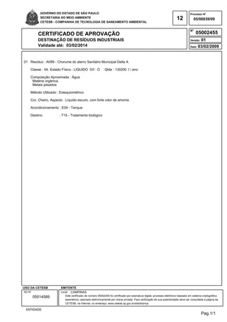 GOVERNO DO ESTADO DE SÃO PAULO
SECRETARIA DO MEIO AMBIENTE
CETESB - COMPANHIA DE TECNOLOGIA DE SANEAMENTO AMBIENTAL
12
Processo N°
N°
CERTIFICADO DE APROVAÇÃO
DESTINAÇÃO DE RESÍDUOS INDUSTRIAIS
Validade até: 03/02/2014
Versão: 01
Data: 03/02/2009
05/00039/09
05002455
USO DA CETESB EMITENTE
SD N° Local:
ENTIDADE
05014589
CAMPINAS
Este certificado de número 05002455 foi certificado por assinatura digital, processo eletrônico baseado em sistema criptográfico
assimétrico, assinado eletronicamente por chave privada. Para verificação de sua autenticidade deve ser consultada a página da
CETESB, na Internet, no endereço: www.cetesb.sp.gov.br/silis/licenca
Pag.1/1
01 Resíduo : A099 - Chorume do aterro Sanitário Municipal Delta A
Classe : IIA Estado Físico : LIQUIDO O/I : O Qtde : 130200 t / ano
Composição Aproximada : Água
Matéria orgânica
Metais pesados
Método Utilizado : Estequiométrico
Cor, Cheiro, Aspecto : Líquido escuro, com forte odor de amonia
Acondicionamento : E04 - Tanque
Destino : T15 - Tratamento biológico
 