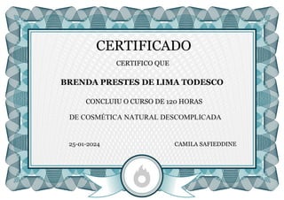 Certificado do curso de Cosmética Natural
