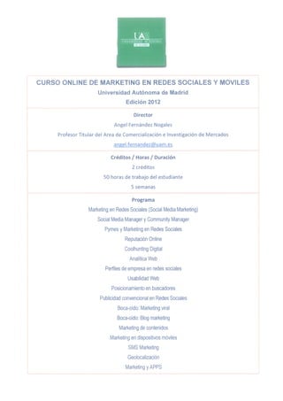 Certificado curso de marketing online en redes sociales y moviles, UAM 2012