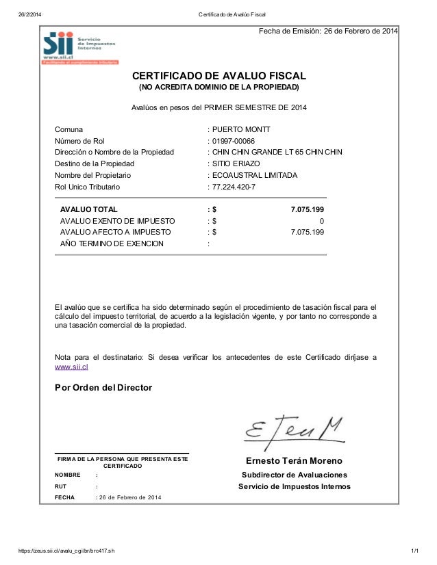 Certificado de avalúo fiscal