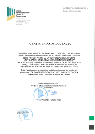 Certificado de docencia, javier blanco ponente rsc en las aapp (cláusulas sociales)