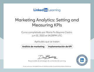 Marketing Analytics: Setting and
Measuring KPIs
Curso completado por María Fe Bayona Castro
jun 02, 2023 at 04:28PM UTC
Aptitudes que se tratan
Análisis de marketing Implementación de KPI
ID del certificado: 510c65881f79afece7c76879e0c4a038cc7ece04138cf6c20dbbcf7501f64c6e
Responsable de estrategia de contenido de Learning
Marketing Analytics: Setting and
Measuring KPIs
Curso completado por María Fe Bayona Castro
jun 02, 2023 at 04:28PM UTC
Aptitudes que se tratan
Análisis de marketing Implementación de KPI
ID del certificado: 510c65881f79afece7c76879e0c4a038cc7ece04138cf6c20dbbcf7501f64c6e
Responsable de estrategia de contenido de Learning
 