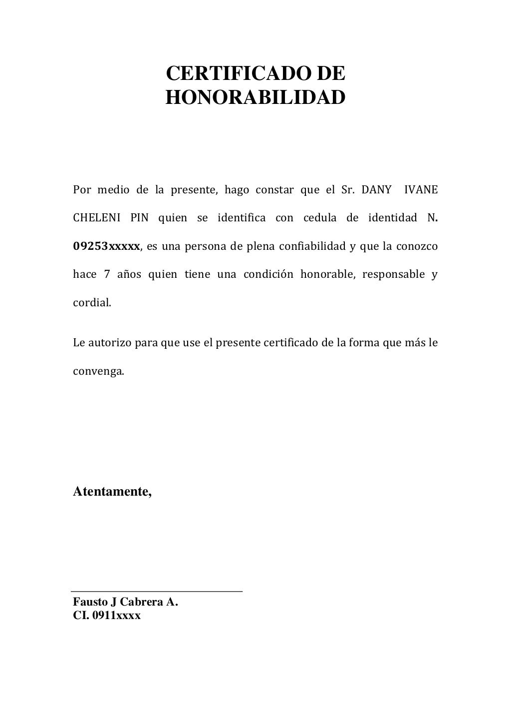 Certificado De Honorabilidad Modelo