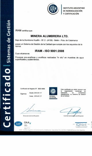 Certificado del sistema de gestión de la calidad iso 90012008