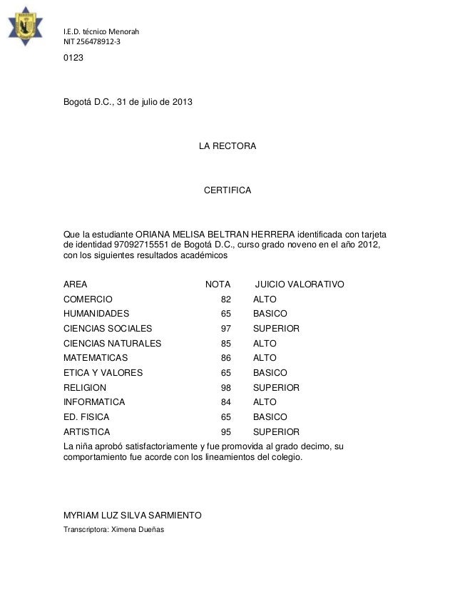 Certificado de notas