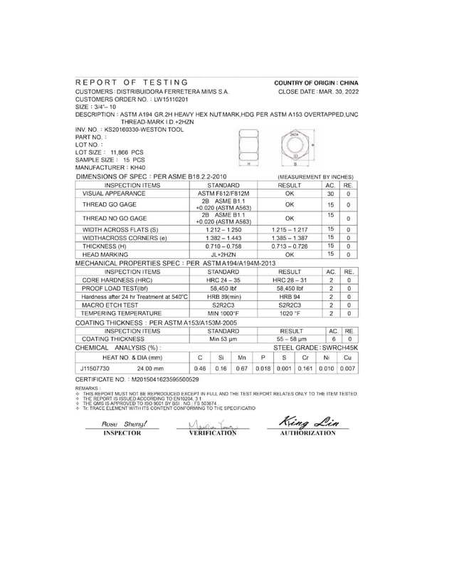 Certificado de origen de tuerca pdf