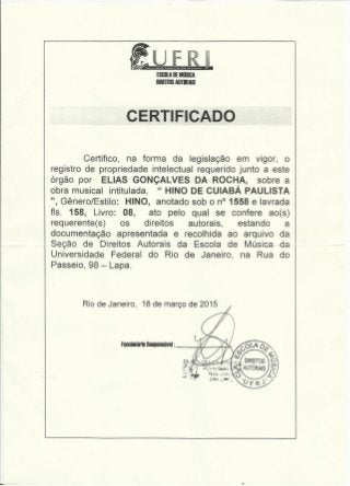 Certificado de registro do hino de cuiaba paulista