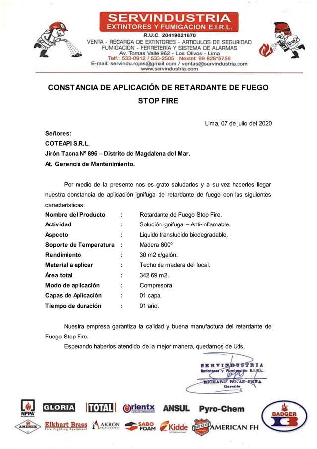 Certificado de retardante al fuego PDF