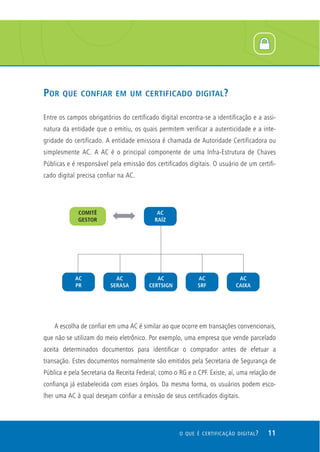 POR    QUE CONFIAR EM UM CERTIFICADO DIGITAL ?

Entre os campos obrigatórios do certificado digital encontra-se a identificação e a assi-
natura da entidade que o emitiu, os quais permitem verificar a autenticidade e a inte-
gridade do certificado. A entidade emissora é chamada de Autoridade Certificadora ou
simplesmente AC. A AC é o principal componente de uma Infra-Estrutura de Chaves
Públicas e é responsável pela emissão dos certificados digitais. O usuário de um certifi-
cado digital precisa confiar na AC.




    A escolha de confiar em uma AC é similar ao que ocorre em transações convencionais,
que não se utilizam do meio eletrônico. Por exemplo, uma empresa que vende parcelado
aceita determinados documentos para identificar o comprador antes de efetuar a
transação. Estes documentos normalmente são emitidos pela Secretaria de Segurança de
Pública e pela Secretaria da Receita Federal, como o RG e o CPF. Existe, aí, uma relação de
confiança já estabelecida com esses órgãos. Da mesma forma, os usuários podem esco-
lher uma AC à qual desejam confiar a emissão de seus certificados digitais.




                                                     O QUE É CERTIFICAÇÃO DIGITAL ?    11
 