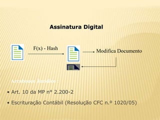 Assinatura Digital


          F(x) - Hash              Modifica Documento




 Arcabouço Jurídico :

• Art. 10 da MP n° 2.200-2

• Escrituração Contábil (Resolução CFC n.º 1020/05)
 