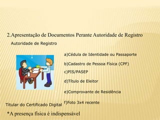 2.Apresentação de Documentos Perante Autoridade de Registro
  Autoridade de Registro

                                 a)Cédula de Identidade ou Passaporte

                                 b)Cadastro de Pessoa Física (CPF)

                                 c)PIS/PASEP

                                 d)Título de Eleitor

                                 e)Comprovante de Residência

                                 f)Foto 3x4 recente
Titular do Certificado Digital

*A presença física é indispensável
 