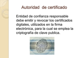 Autoridad de certificado

Entidad de confianza responsable
debe emitir y revocar los certificados
digitales, utilizados en la firma
electrónica, para la cual se emplea la
criptografía de clave publica.
 