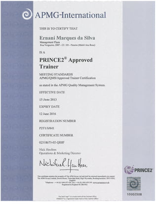Certificado Instrutor Credenciado PRINCE2 - Ernani Marques