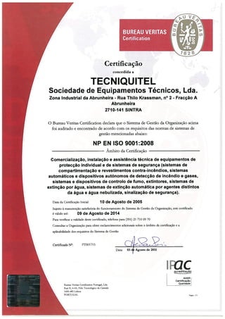 Certificado Gestão da Qualidade ISO9001- TECNIQUITEL