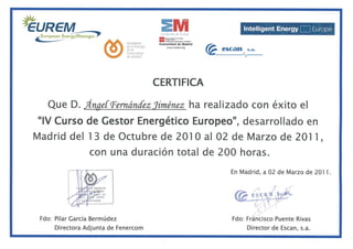 Certificado IV curso Gestor Energético Europeo EUREM