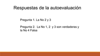 Respuestas de la autoevaluación
Pregunta 1. La No 2 y 3
Pregunta 2. La No 1, 2 y 3 son verdaderas y
la No 4 Falsa
 