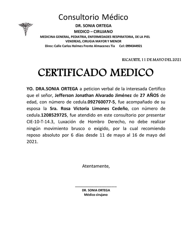 Certificado medico sonia ortega PDF Certificado medico sonia ortega PDF