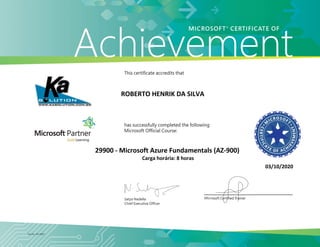 ROBERTO HENRIK DA SILVA
03/10/2020
29900 ‐ Microsoft Azure Fundamentals (AZ‐900)
Carga horária: 8 horas
 