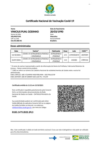 Ministério da Saúde
/
1 1
Obs.: Este certificado é válido em todo território nacional. O seu uso não é obrigatório e não pode ser utilizado
para fins discriminatórios.
Certificado Nacional de Vacinação Covid-19
Nome
VINICIUS PUHL GODINHO
Nome da Mãe
MILANIA PUHL
CPF ou CNS
016.455.800-40
Data de Nascimento
20/03/1990
Sexo
Masculino
Nacionalidade
Brasileiro
Doses administradas
Data Vacina* Fabricante Dose Lote CNES**
14/10/2021
COVID-19 ASTRAZENECA/FIOCRUZ
- COVISHIELD
ASTRAZENECA
/FIOCRUZ
2/2 219VCD267Z 2049309
22/07/2021
COVID-19 ASTRAZENECA/FIOCRUZ
- COVISHIELD
ASTRAZENECA
/FIOCRUZ
1/2 210183 2789132
* O nome da vacina é apresentado a partir da informação do Nome da Profilaxia, Fabricante/Detentor da
Licença – Nome comercial do produto.
** CNES se refere ao número do Cadastro Nacional de estabelecimentos de Saúde onde a vacina foi
administrada.
CNES 2789132: UBS V OLIMPIA MAX PERLMAN - SAO PAULO/SP
CNES 2049309: UBS 09 JARDIM SAO LUIZ ITU - ITU/SP
Certificado emitido às 11:21 em 15/10/2021
Este certificado é expedido gratuitamente pelo Conecte
SUS e as informações são provenientes da Rede
Nacional de Dados em Saúde – DATASUS/Ministério da
Saúde.
Sua autenticidade poderá ser confirmada pelo leitor
Valida QRCode do aplicativo Conecte SUS ou na página
do Valida Certidão na Internet, no endereço:
, por meio do código:
validacertidao.saude.gov.br
810G.1V75.8S3S.3FL3
 