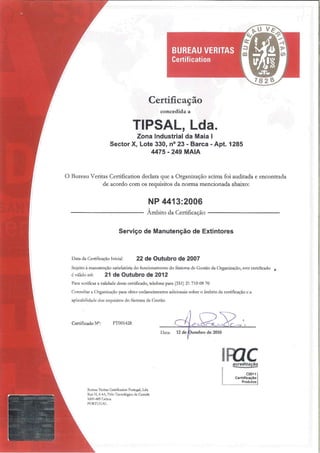 Certificado Serviço Manutenção Extintores - NP 4413 - TIPSAL