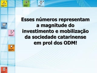 Esses números representam a magnitude do investimento e mobilização da sociedade catarinense em prol dos ODM! 