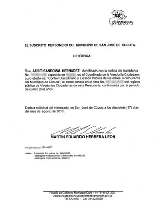 Certificado Personería de Cúcuta de la Veeduría a los Ediles