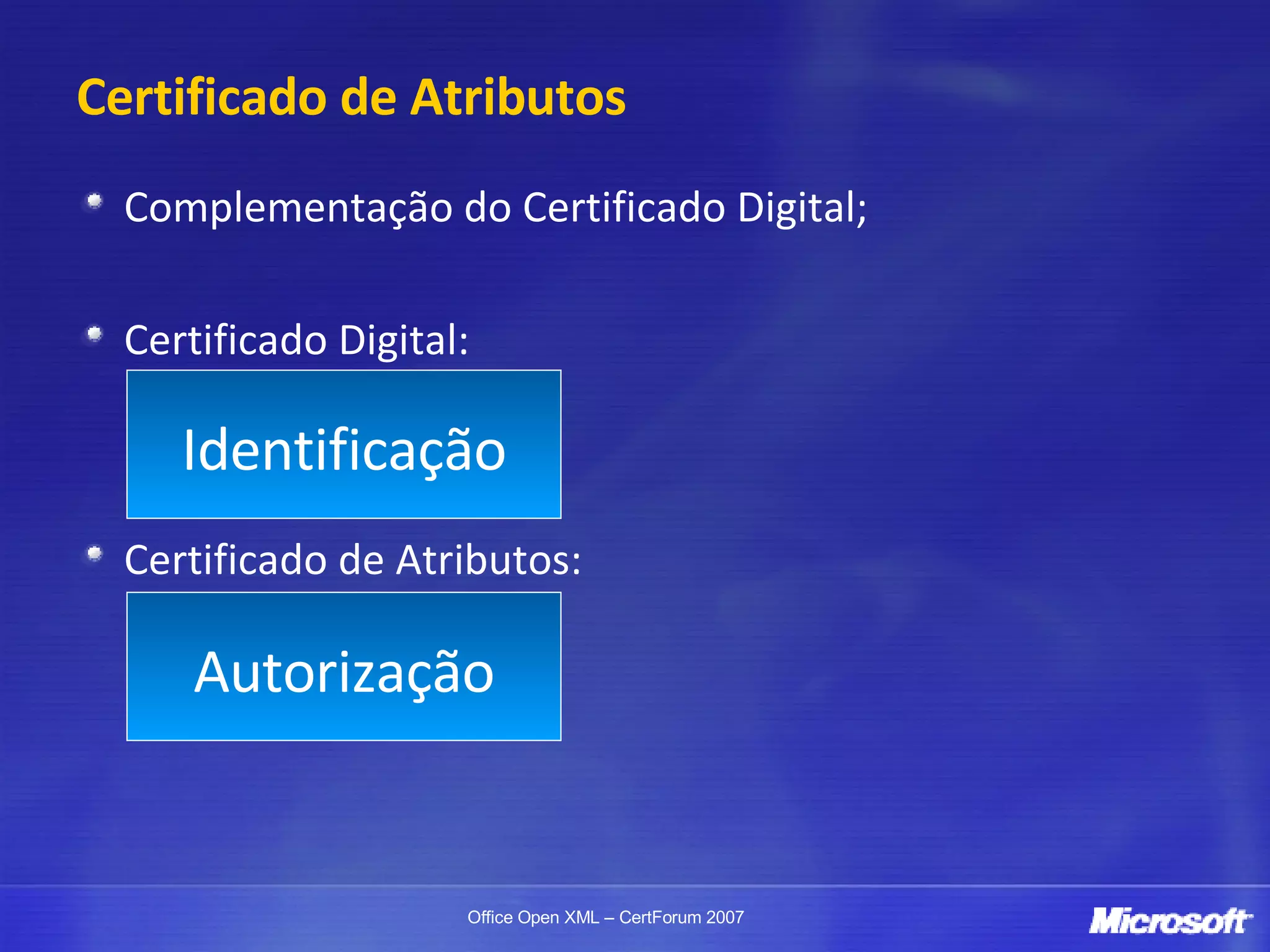 Certificado de Atributos Complementação do Certificado Digital; Certificado Digital: Quem é você? Você é você mesmo? Certificado de Atributos: O que é você? Você pode fazer isso? Identificação Autorização 