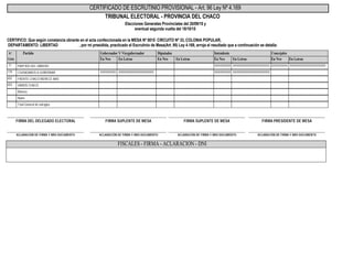 Elecciones Generales Provinciales del 20/09/15 y
eventual segunda vuelta del 18/10/15
CERTIFICO: Que según constancia obrante en el acta confeccionada en la MESA Nº 0015 CIRCUITO Nº 33, COLONIA POPULAR,
DEPARTAMENTO: LIBERTAD , por mí presidida, practicado el Escrutinio de Mesa(Art. 95) Ley 4.169, arroja el resultado que a continuación se detalla:
CERTIFICADO DE ESCRUTINIO PROVISIONAL - Art. 96 Ley Nº 4.169
TRIBUNAL ELECTORAL - PROVINCIA DEL CHACO
Nº
Lista
Gobernador Y Vicegobernador Diputados Concejales
En LetrasEn NroEn LetrasEn NroEn LetrasEn Nro
IntendentePartido
En LetrasEn Nro
PARTIDO DEL OBRERO71 XXXXXXXXXXXXXXXXXXXXXXXXXXXXXXXXXXXXXXXXXXXXXXXXXXXXXXXXXXXXXXXXXXXXXXXXXXXXXXXXXXXXXXXXXXXXXXXXXXXXXXXXXXXXXXXXXXXXXXXXXXXXXXXXXXXXXXXXXXXXXXXXXXXXXXXXXXXXXXXXXXXXXXXXXXXXXXXXXXXXXXXXXXXXXXXX
CIUDADANOS A GOBERNAR179 XXXXXXXXXXXXXXXXXXXXXXXXXXXXXXXXXXXXXXXXXXXXXXXXXXXXXXXXXXXXXXXXXXXXXXXXXXXXXXXXXXXXXXXXXXXXXXXXXXXXXXXXXXXXXXXXXXXXXXXXXXXXXXXXXXXXXXXXXXXXXXXXXXXXXXXXXXXXXXXXXXXXXXXXXXXXXXXXXXXXXXXXXXXXXXXXXXXXXXXXXXXXXXXXXXXXXXXXXXXXXXXX
FRENTE CHACO MERECE MAS652
VAMOS CHACO653
Blancos
Nulos
Total General de sufragios
ACLARACIÓN DE FIRMA Y NRO DOCUMENTO ACLARACIÓN DE FIRMA Y NRO DOCUMENTO ACLARACIÓN DE FIRMA Y NRO DOCUMENTO ACLARACIÓN DE FIRMA Y NRO DOCUMENTO
FIRMA DEL DELEGADO ELECTORAL FIRMA SUPLENTE DE MESA FIRMA SUPLENTE DE MESA FIRMA PRESIDENTE DE MESA
-------------------------------------------------------------
--------------------------------------------------------------------------------------------------------------------------
-------------------------------------------------------------
-------------------------------------------------------------
-------------------------------------------------------------
-------------------------------------------------------------
-------------------------------------------------------------
FISCALES - FIRMA - ACLARACION - DNI
 