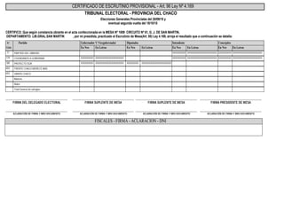 Elecciones Generales Provinciales del 20/09/15 y
eventual segunda vuelta del 18/10/15
CERTIFICO: Que según constancia obrante en el acta confeccionada en la MESA Nº 1009 CIRCUITO Nº 61, G. J. DE SAN MARTIN,
DEPARTAMENTO: LIB.GRAL.SAN MARTIN , por mí presidida, practicado el Escrutinio de Mesa(Art. 95) Ley 4.169, arroja el resultado que a continuación se detalla:
CERTIFICADO DE ESCRUTINIO PROVISIONAL - Art. 96 Ley Nº 4.169
TRIBUNAL ELECTORAL - PROVINCIA DEL CHACO
Nº
Lista
Gobernador Y Vicegobernador Diputados Concejales
En LetrasEn NroEn LetrasEn NroEn LetrasEn Nro
IntendentePartido
En LetrasEn Nro
PARTIDO DEL OBRERO71 XXXXXXXXXXXXXXXXXXXXXXXXXXXXXXXXXXXXXXXXXXXXXXXXXXXXXXXXXXXXXXXXXXXXXXXXXXXXXXXXXXXXXXXXXXXXXXXXXXXXXXXXXXXXXXXXXXXXXXXXXXXXXXXXXXXXXXXXXXXXXXXXXXXXXXXXXXXXXXXXXXXXXXXXXXXXXXXXXXXXXXXXXXXXXXXX
CIUDADANOS A GOBERNAR179 XXXXXXXXXXXXXXXXXXXXXXXXXXXXXXXXXXXXXXXXXXXXXXXXXXXXXXXXXXXXXXXXXXXXXXXXXXXXXXXXXXXXXXXXXXXXXXXXXXXXXXXXXXXXXXXXXXXXXXXXXXXXXXXXXXXXXXXXXXXXXXXXXXXXXXXXXXXXXXXXXXXXXXXXXXXXXXXXXXXXXXXXXXXXXXXXXXXXXXXXXXXXXXXXXXXXXXXXXXXXXXXXXXXXXXXXXXXXXXXXXXXXXXXXXXXXXXXXXXXXXXXXXXXXXXXXXXXXXXXXXXXXXXXXXXXXXXXXXXXXXXXX
PROYECTO SUR180 XXXXXXXXXXXXXXXXXXXXXXXXXXXXXXXXXXXXXXXXXXXXXXXXXXXXXXXXXXXXXXXXXXXXXXXXXXXXXXXXXXXXXXXXXXXXXXXXXXXXXXXXXXXXXXXXXXXXXXXXXXXXXXXXXXXXXXXXXXXXXXXXXXXXXXXXXXXXXXXXXXXXXXXXXXXXXXXXXXXXXXXXXXXXXXXXXXXXXXXXXXXXXXXXXXXXXXXXXXXXXXXX
FRENTE CHACO MERECE MAS652
VAMOS CHACO653
Blancos
Nulos
Total General de sufragios
ACLARACIÓN DE FIRMA Y NRO DOCUMENTO ACLARACIÓN DE FIRMA Y NRO DOCUMENTO ACLARACIÓN DE FIRMA Y NRO DOCUMENTO ACLARACIÓN DE FIRMA Y NRO DOCUMENTO
FIRMA DEL DELEGADO ELECTORAL FIRMA SUPLENTE DE MESA FIRMA SUPLENTE DE MESA FIRMA PRESIDENTE DE MESA
-------------------------------------------------------------
--------------------------------------------------------------------------------------------------------------------------
-------------------------------------------------------------
-------------------------------------------------------------
-------------------------------------------------------------
-------------------------------------------------------------
-------------------------------------------------------------
FISCALES - FIRMA - ACLARACION - DNI
 