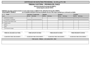 Elecciones Generales Provinciales del 20/09/15 y
eventual segunda vuelta del 18/10/15
CERTIFICO: Que según constancia obrante en el acta confeccionada en la MESA Nº 1001 CIRCUITO Nº 49, ISLA DEL CERRITO,
DEPARTAMENTO: BERMEJO , por mí presidida, practicado el Escrutinio de Mesa(Art. 95) Ley 4.169, arroja el resultado que a continuación se detalla:
CERTIFICADO DE ESCRUTINIO PROVISIONAL - Art. 96 Ley Nº 4.169
TRIBUNAL ELECTORAL - PROVINCIA DEL CHACO
Nº
Lista
Gobernador Y Vicegobernador Diputados Concejales
En LetrasEn NroEn LetrasEn NroEn LetrasEn Nro
IntendentePartido
En LetrasEn Nro
PARTIDO DEL OBRERO71 XXXXXXXXXXXXXXXXXXXXXXXXXXXXXXXXXXXXXXXXXXXXXXXXXXXXXXXXXXXXXXXXXXXXXXXXXXXXXXXXXXXXXXXXXXXXXXXXXXXXXXXXXXXXXXXXXXXXXXXXXXXXXXXXXXXXXXXXXXXXXXXXXXXXXXXXXXXXXXXXXXXXXXXXXXXXXXXXXXXXXXXXXXXXXXXX
CIUDADANOS A GOBERNAR179 XXXXXXXXXXXXXXXXXXXXXXXXXXXXXXXXXXXXXXXXXXXXXXXXXXXXXXXXXXXXXXXXXXXXXXXXXXXXXXXXXXXXXXXXXXXXXXXXXXXXXXXXXXXXXXXXXXXXXXXXXXXXXXXXXXXXXXXXXXXXXXXXXXXXXXXXXXXXXXXXXXXXXXXXXXXXXXXXXXXXXXXXXXXXXXXXXXXXXXXXXXXXXXXXXXXXXXXXXXXXXXXXXXXXXXXXXXXXXXXXXXXXXXXXXXXXXXXXXXXXXXXXXXXXXXXXXXXXXXXXXXXXXXXXXXXXXXXXXXXXXXXX
FRENTE CHACO MERECE MAS652
VAMOS CHACO653
Blancos
Nulos
Total General de sufragios
ACLARACIÓN DE FIRMA Y NRO DOCUMENTO ACLARACIÓN DE FIRMA Y NRO DOCUMENTO ACLARACIÓN DE FIRMA Y NRO DOCUMENTO ACLARACIÓN DE FIRMA Y NRO DOCUMENTO
FIRMA DEL DELEGADO ELECTORAL FIRMA SUPLENTE DE MESA FIRMA SUPLENTE DE MESA FIRMA PRESIDENTE DE MESA
-------------------------------------------------------------
--------------------------------------------------------------------------------------------------------------------------
-------------------------------------------------------------
-------------------------------------------------------------
-------------------------------------------------------------
-------------------------------------------------------------
-------------------------------------------------------------
FISCALES - FIRMA - ACLARACION - DNI
 