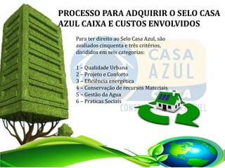 PROCESSO PARA ADQUIRIR O SELO CASA
AZUL CAIXA E CUSTOS ENVOLVIDOS
Para ter direito ao Selo Casa Azul, são
avaliados cinquenta e três critérios,
divididos em seis categorias:
1 – Qualidade Urbana
2 – Projeto e Conforto
3 – Eficiência energética
4 – Conservação de recursos Materiais
5 – Gestão da Agua
6 – Praticas Sociais
 
