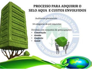 PROCESSO PARA ADQUIRIR O
SELO AQUA E CUSTOS ENVOLVIDOS
Auditorias presenciais
14 categorias de pré-requisitos
Divididos em conjuntos de preocupações:
• Construção
• Gestão
• Conforto
• Saúde
 