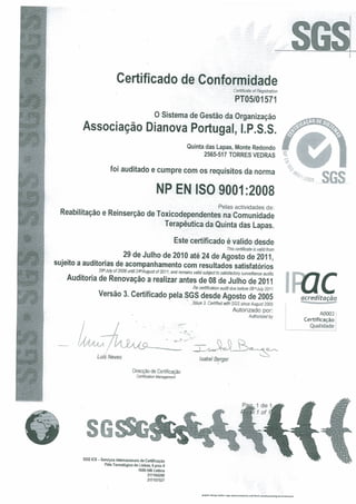Certificado SGS Sistema Gestao Qualidade 2010 Dianova Portugal