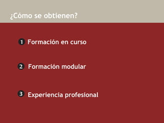   ¿Cómo se obtienen? 1 2 3 Formación   modular   Formación  en curso Experiencia  profesional  
