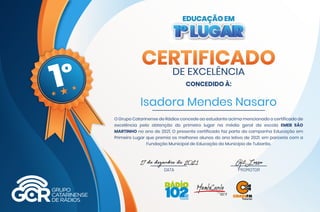 CONCEDIDO À:
O Grupo Catarinense de Rádios concede ao estudante acima mencionado o certificado de
excelência pela obtenção...