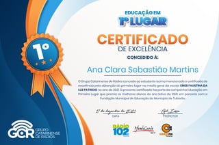CONCEDIDO À:
O Grupo Catarinense de Rádios concede ao estudante acima mencionado o certificado de
excelência pela obtenção...