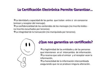 La Certificación Electrónica Permite Garantizar… La identidad y capacidad de las partes  que tratan  entre si  sin conocerse   (emisor y receptor del mensaje). La  confidencialidad de los contenidos de los mensajes (no Inscrito leídos - no Inscrito escuchados por terceros). La  integridad de la transacción (no manipulada por terceros). ¿Que nos garantiza un certificado? La legitimidad de las entidades y de las personas que intervienen  en el  intercambio  de información. La reserva que solo el emisor  y el receptor vean la información. La honestidad de la información intercambiada asegurando que no se produce ninguna alteración. 