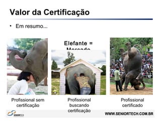 Valor da Certificação
• Em resumo...
Profissional sem
certificação
Profissional
buscando
certificação
Profissional
certificado
Elefante =
Mercado
 