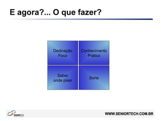 E agora?... O que fazer?
Dedicação
Foco
Conhecimento
Prático
Sorte
Saber
onde pisar
 