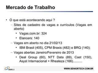 Mercado de Trabalho
• O que está acontecendo aqui ?
– Sites de cadastro de vagas e currículos (Vagas em
aberto)
• Vagas.com.br: 324
• Elancers: 140
– Vagas em aberto no dia 21/02/13
• IBM Brasil (405), CPM Braxis (482) e BRQ (140);
– Vagas abertas Janeiro/Fevereiro de 2013
• Deal Group (60), NTT Data (89), Cast (150),
Asyst Internacional + Rhealeza (166)..........
 
