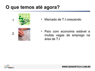 O que temos até agora?
• Mercado de T.I crescendo
• País com economia estável e
muitas vagas de emprego na
área de T.I
1
2
 