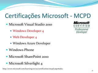 Certificações Microsoft - MCPD
    Microsoft Visual Studio 2010
         Windows Developer 4

         Web Developer 4

         Windows Azure Developer

    Windows Phone

    Microsoft SharePoint 2010

    Microsoft Silverlight 4
http://www.microsoft.com/learning/en/us/certification/mcpd.aspx#tab2
                                                                       18
 
