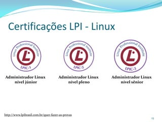 Certificações LPI - Linux



Administrador Linux                   Administrador Linux   Administrador Linux
   nível júnior                           nível pleno          nível sênior




http://www.lpibrasil.com.br/quer-fazer-as-provas
                                                                              23
 