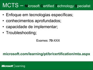 MCTS – Microsoft Certified Technology Specialist
•   Enfoque em tecnologias específicas;
•   conhecimentos aprofundados;
•   capacidade de implementar;
•   Troubleshooting;
                   Exames: 70-XXX



microsoft.com/learning/pt/br/certification/mta.aspx
 