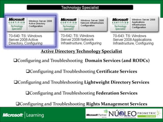 Active Directory Technology Specialist

Configuring and Troubleshooting Domain Services (and RODCs)

     Configuring and Troubleshooting Certificate Services

Configuring and Troubleshooting Lightweight Directory Services

     Configuring and Troubleshooting Federation Services

 Configuring and Troubleshooting Rights Management Services
 